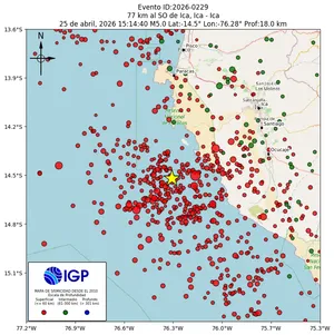Mapa sísmico del sismo de magnitud 5 a 77 km al SO de Ica, Ica - Ica, Perú