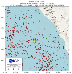 Mapa sísmico del sismo de magnitud 5 a 77 km al SO de Salaverry, Trujillo - La Libertad, Perú
