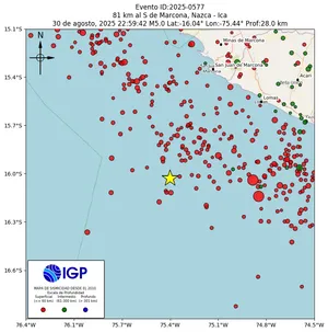 Mapa sísmico del sismo de magnitud 5 a 81 km al S de Marcona, Nazca - Ica, Perú