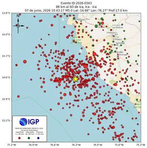 Mapa sísmico del sismo de magnitud 5 a 88 km al SO de Ica, Ica - Ica, Perú