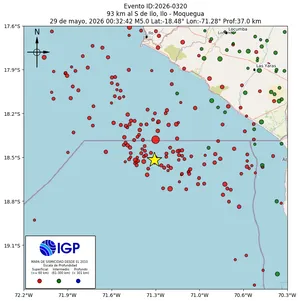 Mapa sísmico del sismo de magnitud 5 a 93 km al S de Ilo, Ilo - Moquegua, Perú