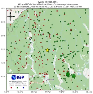 Mapa sísmico del sismo de magnitud 5 a 94 km al NE de Santa María de Nieva, Condorcanqui - Amazonas, Perú