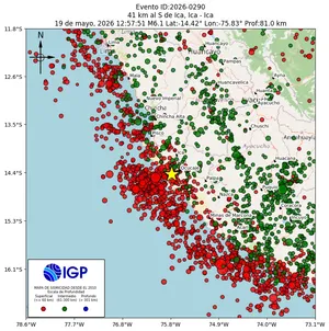 Mapa sísmico del sismo de magnitud 6.1 a 41 km al S de Ica, Ica - Ica, Perú
