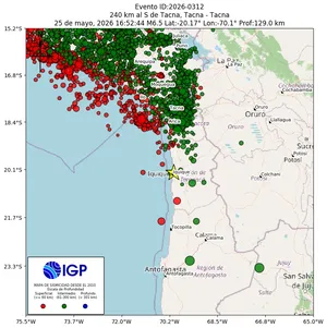 Mapa sísmico del sismo de magnitud 6.5 a 240 km al S de Tacna, Tacna - Tacna, Perú