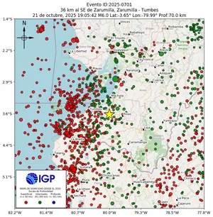 Mapa sísmico del sismo de magnitud 6 a 36 km al SE de Zarumilla, Zarumilla - Tumbes, Perú