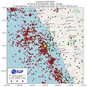 Mapa sísmico del sismo de magnitud 6 a 67 km al O de Chimbote, Santa - Áncash, Perú