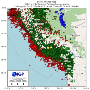 Mapa sísmico del sismo de magnitud 7.2 a 35 km al N de Coracora, Parinacochas - Ayacucho, Perú